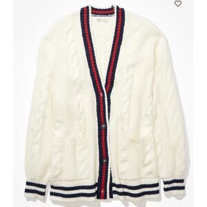 American Eagle Oversized Cable Knit Cardigan Sweater Button White Womens Size XL